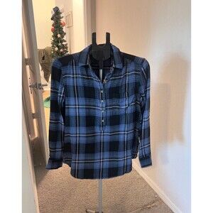 Beach Lunch Lounge Blue & Black 1/4 Button Up Flannel Long Sleeved Shirt Size Sm